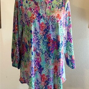 Vibrant Multicolor Floral V-Neck Tunic - Blue, Green, Pink, Purple